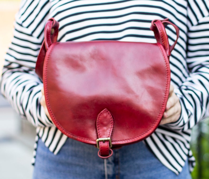 Leather Satchel Saddle Bag In Dark Red Burgundy image 6