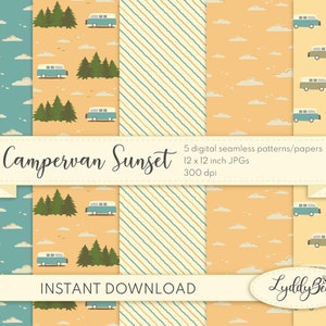 May include: Five digital seamless patterns featuring campervans, clouds, and stripes in a retro colour palette. The patterns are 12 inches by 12 inches and 300 dpi. The text "Campervan Sunset" is included in the image.
