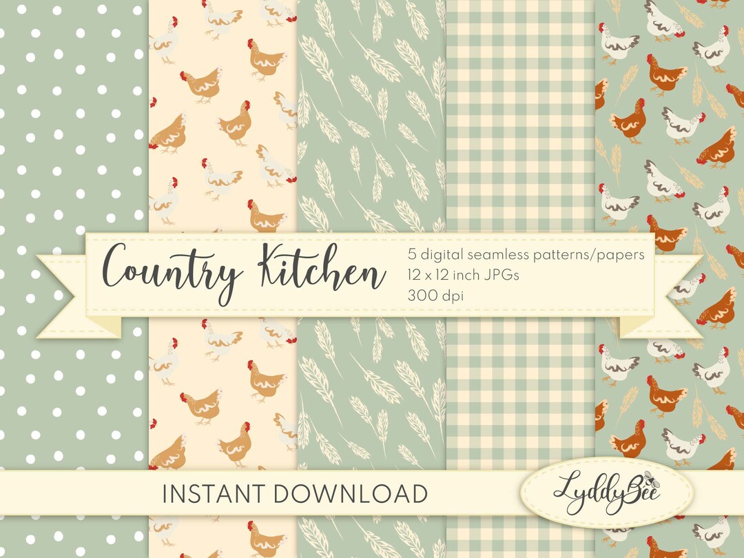 Country Kitchen Digital Seamless Pattern Collection | Hens, Wheat ...