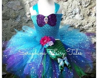 SALE! Girls Mermaid Tutu Dress Up Costume.Lined Purple, Green & Blue Sparkly Halloween,Christmas, Birthday Party Gala Tutudress with Tail.