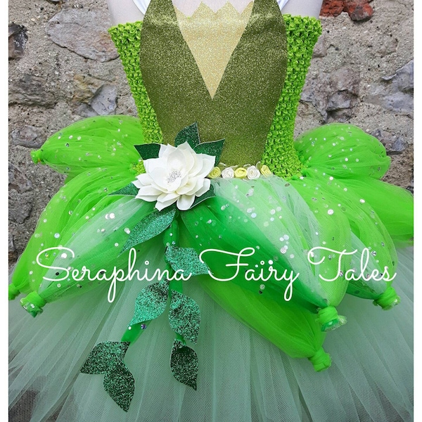 Disfraz de princesa rana para niñas, disfraz de tutú. Vestido de fiesta de cumpleaños con forro verde brillante de loto/lirio, Halloween, vestido de tutú de gala con flores.