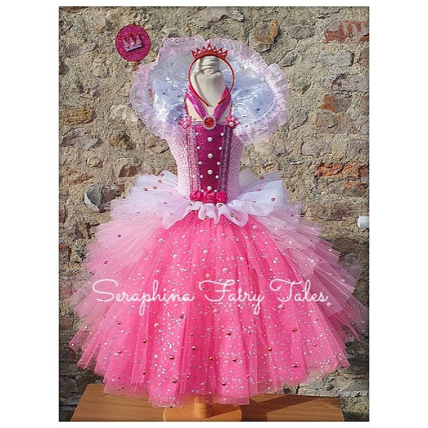 SALE! Girls Pink Princess Tutu Dress Up Costume.Lined 7 layer Party Tutudress with Faux Pearl's. Optional Crown Headband + Wand.Ankle Length
