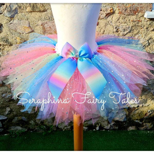 Girls Pastel Pastal Rainbow Tutu Tulle Skirt. Bright Sparkly Dress Up Easter Costume, Fairy, Halloween, Birthday Party or Cake Smash Outfit.