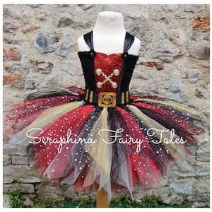 Girls Pirate Costume Tutu Dress Up Outfit. Lined Sparkly Black, Red & Gold Glitter + Lace Christmas,Birthday Party Tutudress or Gala Outfit.