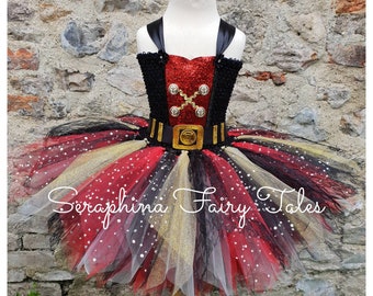 Girls Pirate Costume Tutu Dress Up Outfit. Lined Sparkly Black, Red & Gold Glitter + Lace Christmas,Birthday Party Tutudress or Gala Outfit.