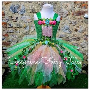 Girls Fairy Woodland Forest Tutu Dress Costume. Green, Peach & Pink Outfit with Ivy + Flowers.Optional Feather or Net Wings +Headband