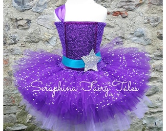 Purple Pop Star Singer Star Tutu Dress Costume.Girls Lined Sparkly Purple & Lilac Birthday Party Dress with Glitter Front. No Train At Back