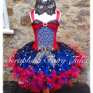 Spider Web Superhero Tutu Dress Up Costume.Girls Lined Red,Blue,Black & White Super Hero Birthday Party Tutudress Wit Webs.Optional Eye Mask image 3