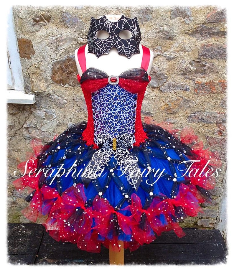 Spider Web Superhero Tutu Dress Up Costume.Girls Lined Red,Blue,Black & White Super Hero Birthday Party Tutudress Wit Webs.Optional Eye Mask image 3