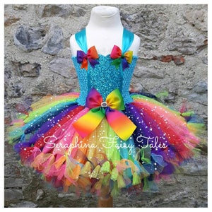 Rainbow Petti Tutu Dress Up Costume.Girls Lined Blue + Rainbow Birthday Party, Halloween, Pride,Pageant,Halloween, Christmas, Gala Tutudress