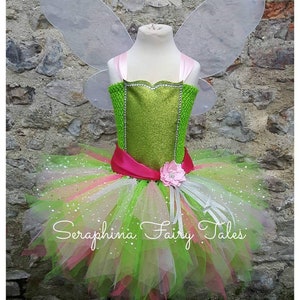 Green & Pink Fairy Dress Up Costume.Girls Lined Sparkly Pixie Birthday Party, Gala,Halloween,Tulle Tutudress Outfit.White Net Wings Included