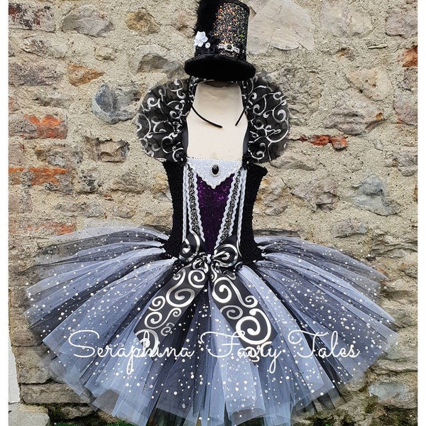 Halloween Nightmare Tutu Dress Up Costume.Girls Lined Black & Purple Sparkly Party Tutudress With Lace Bow. Optional Glitter Tophat Headband