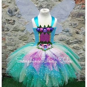 Girls Woodland Forest Fairy Tutu Dress Up Costume. Turq Blue,Teal Greens & Purple Tutu with Ivy + Flowers. Optional Net Wings + Headband.