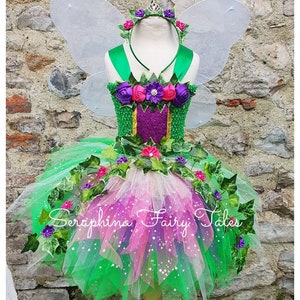 Girls Fairy Dress - Woodland Forest Ivy Fairy Tutu Costume Outfit.Lined Sparkly Flower Party, Gala Tutudress. Optional Net Wings & Headband