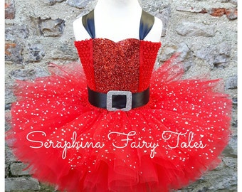 Santa Dress Up Tutu Costume.Girls Christmas Lined Red Sparkly Glitter Xmas Mrs / Miss Claus Party Outfit With Silver Glitter Buckle on Belt.