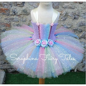 Pastel Rainbow Spring Easter Tutu Dress Up Costume.Girls Lined Sparkly Tulle Birthday Party, Gala, Halloween Tutudress With Ombre Roses
