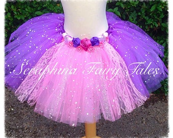 Girls Princess Rapunzel Flower Tutu Skirt. Purple & Pink Tulle Dress Up Skirt Costume with Rose Flowers and lace. Birthday Party, Gala.