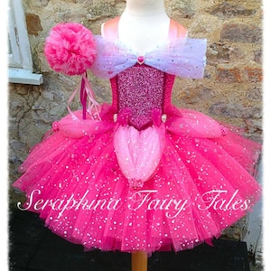 Pink Princess Sparkly Dress Up Tutu Costume.Girls Lined Birthday Party, Gala,Pageant, Halloween Tutudress With Flowers + Bows.Optional Wand