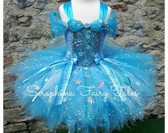 Girls Snow Queen Dress Up Tutu Costume With Snowflake Cape.Lined Blue Glitter Princess Dress Christmas,Birthday Party or Gala.Short Length