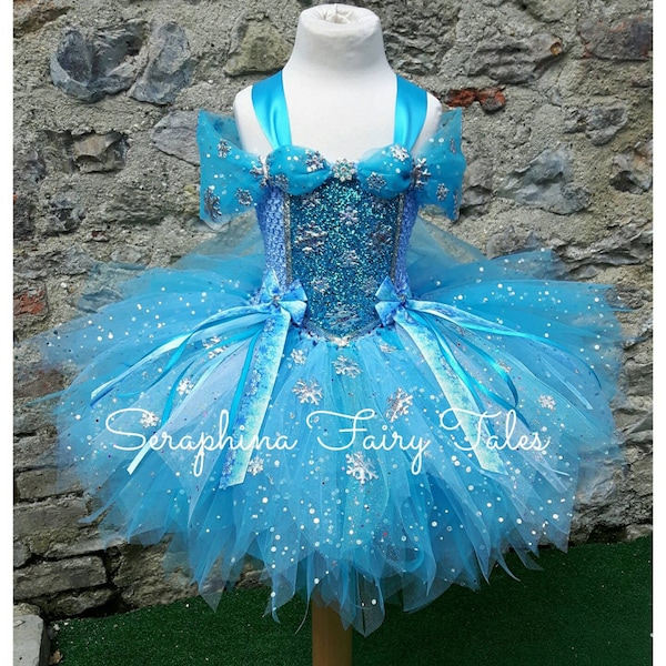 Girls Snow Queen Dress Up Tutu Costume With Snowflake Cape.Lined Blue Glitter Princess Dress Christmas,Birthday Party or Gala.Short Length