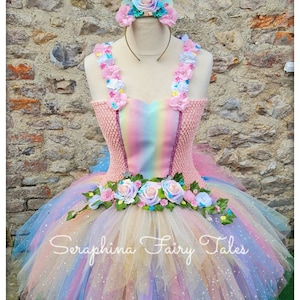 Pastel Rainbow Floral Unicorn Dress Up Tutu Costume.Girls Lined Pink Birthday Party Tutudress With Ombre Roses & Butterflies.Horn Included