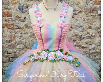 Pastell Regenbogen Floral Einhorn Dress Up Tutu Kostüm.Mädchen gefüttert rosa Geburtstagsparty Tutudress mit Ombre Rosen & Schmetterlinge