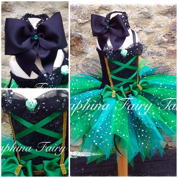 Disfraz de tutú de bruja de Halloween negro y verde. Vestido de tutú de tul brillante con forro para niñas con parte delantera de corsé de imitación. Diadema con lazo grande incluida