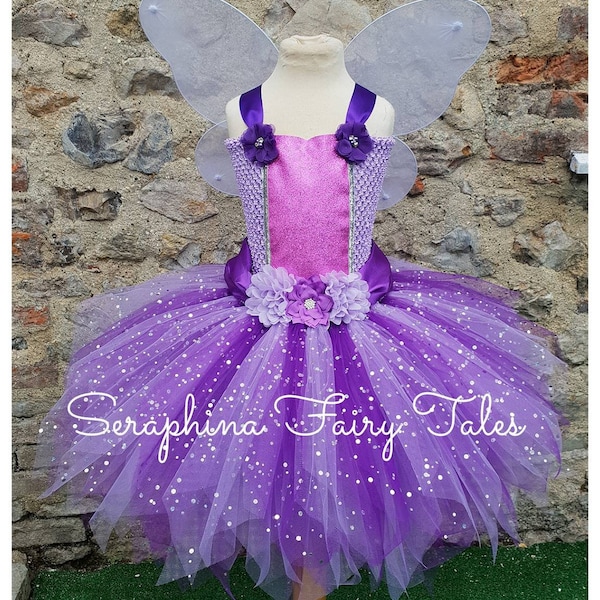 Purple Fairy Dress Up Tutu Costume.Girls Lined Sparkly Mauve Glitter Birthday Party,Pageant, Gala Gown with Flowers.Net Wings Included