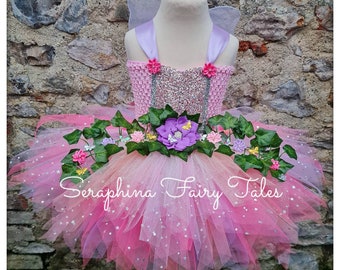 Girls Forest Fairy Tutu Dress Up Costume. Woodland Spring Pink Tulle with Ivy + Flowers.Optional White Feather or Net Wings + Headband.