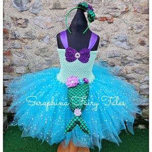 Mermaid Dress with Tail & Matching Bow Included.Girls Lined Sparkly Tutu Dress Up Costume for Birthday Party, Halloween, Gala Gown Outfit