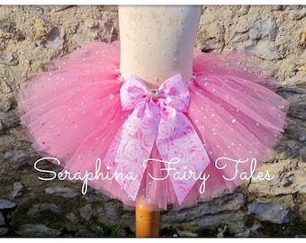 Girls Newborn to 1yrs Pink Sparkly Tutu Tulle Skirt with Beautiful Rose Ribbon Bow. Photo Prop Tulle Skirt, Ready To Post!