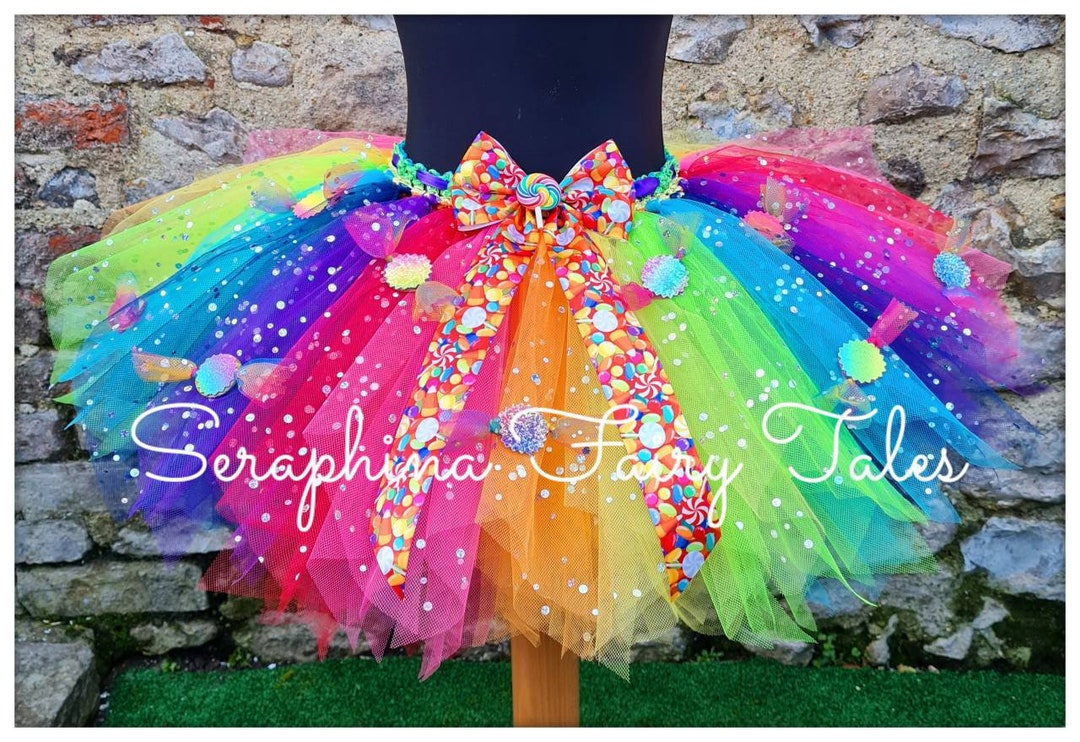 Girls Candy Land Rainbow Tutu Skirt With Candies. Sparkly Tulle Costume