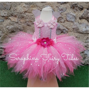 Pink Fairy Tutu Dress Up Costume.Girls Lined Pale & Hot Pink Sparkly Glitter Birthday Party Gala Gown Outfit with Flowers.Net Wings Included