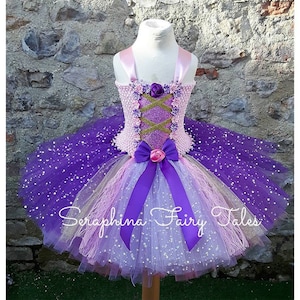 Girls Rapunzel Princess Dress Up Tutu Costume.Lined Pink & Purple Glitter and Lace Flower Birthday Party Gala Tutudress with Corset Front