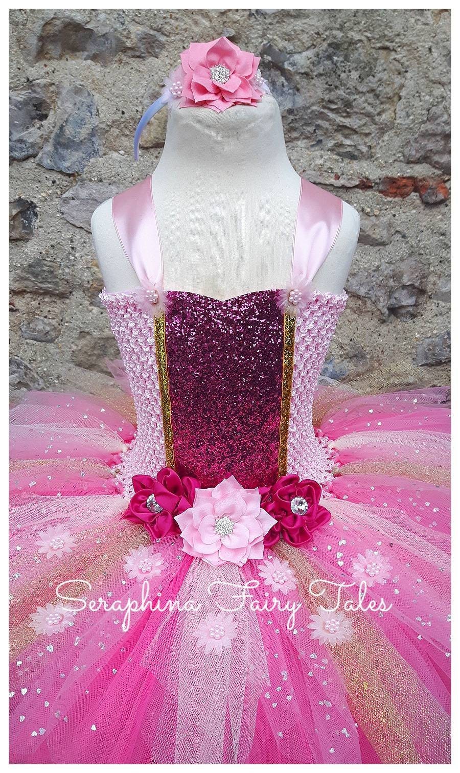 Disfraz de tutu rosa y dorado con purpurina. Traje de flores con forro para ninas para fiesta de cumpleanos gala dama de honor. Diadema a juego