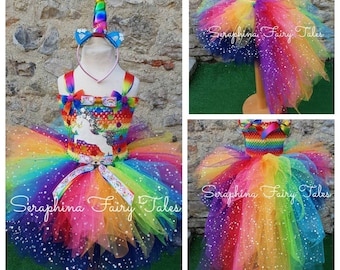 SALE! Girls Rainbow Unicorn Tutu Dress Up Costume.Lined Glitter Christmas,Birthday Party,Halloween Outfit With Tail.Optional Horn Headband