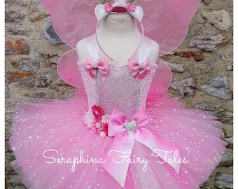 Pink Unicorn Dress Up Tutu Costume.Girls Pegasus Lined Tulle Birthday Party or Gala Tutudress.Horn Headband & Pink Net Wings Included.