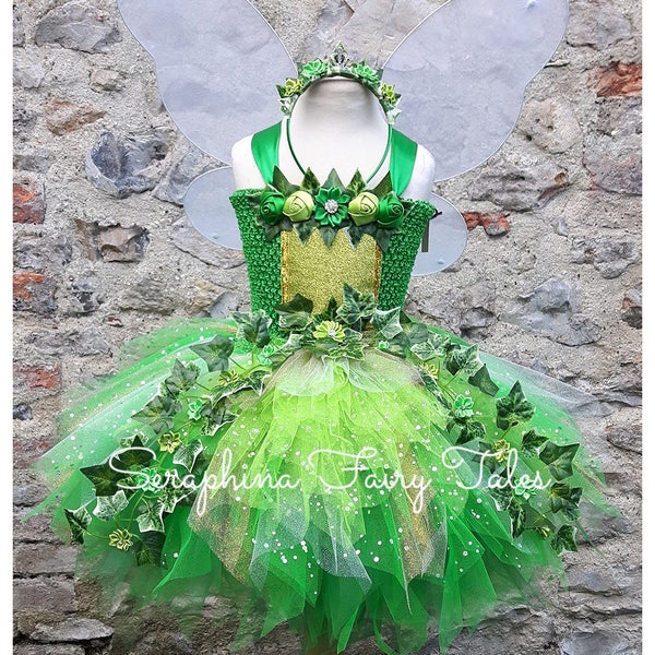 Mädchen Green Fairy Kleid Waldelfe Tütü Kostüm. Grünes Geburtstags-Party-Tütü mit Efeu + Blumen. Optional Netzflügel + Stirnband.