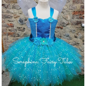 Girls Fairy Dress -Turquoise Blue & Teal Fairy Tutu Dress Costume. Lined Sparkly Glitter Birthday Party Gala with Flowers.Net Wings Included