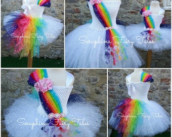 VENDITA! Ragazze Rainbow Tutu Dress Up Costume.Lined Sparkly White & Rainbow Hi Low Birthday Party, Pride, Halloween, Gala Outfit With Flowers.