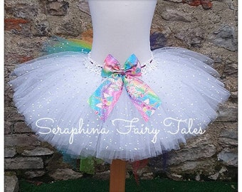 Girls Unicorn Tutu Skirt Dress Up Costume. Sparkly White & Rainbow Bustle Tail With Unicorn Bow.Birthday Party.Optional Horn Headband.