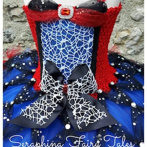 Spider Web Superhero Tutu Dress Up Costume.Girls Lined Red,Blue,Black & White Super Hero Birthday Party Tutudress Wit Webs.Optional Eye Mask image 1