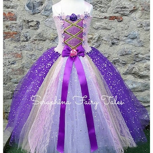 SALE! Girls Princess Rapunzel Tutu Dress Up Costume. Ankle Length Lined Pink & Purple Glitter and Lace Birthday Party Gala.Faux Corset Front