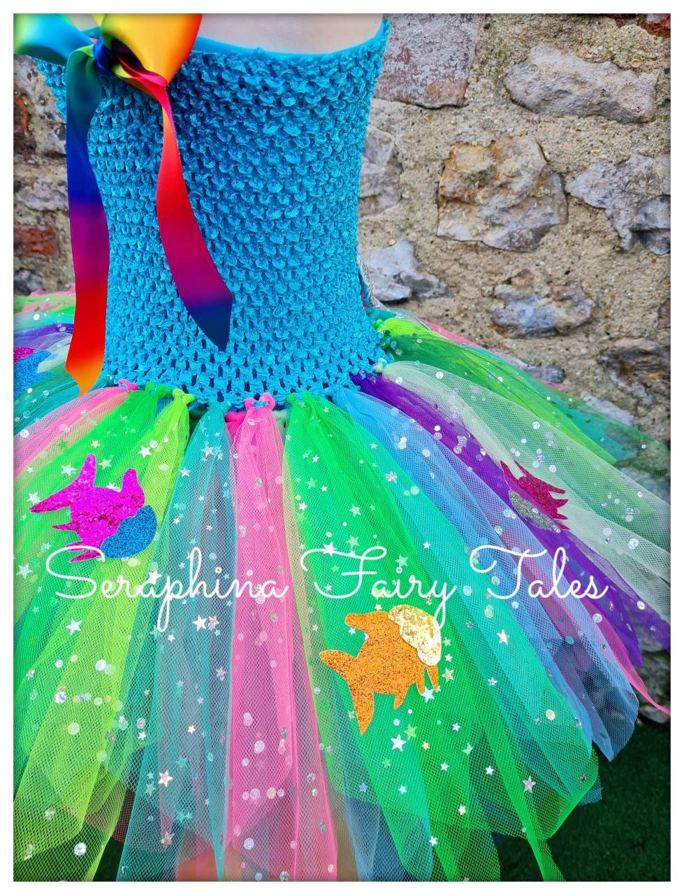 Little Mermaid Glowing Girls Rainbow Tulle Costume Dress - Chubibi