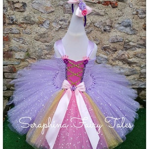 Princess Rapunzel Dress Up Tutu Costume Outfit with Matching Headband.Girls Lined Lilac & Pink Sparkly Birthday Party Gown with Flowers