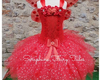 Girls Red Fairy Dress Up Tutu Costume .Sparkly Birthday Gala Party Tutudress with Glitter,Flowers & Lace Detailing. Optional Net Wings