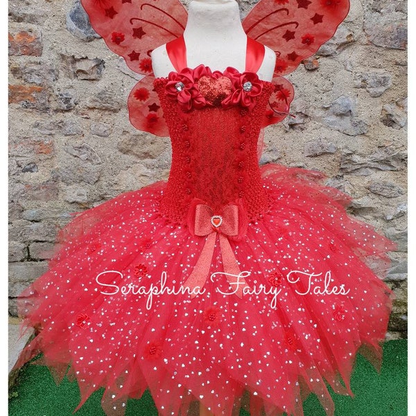 Mädchen Red Fairy Dress Up Tutu Kostüm.Sparkly Birthday Gala Party Tutudress mit Glitzer, Blumen & Spitze. Optionale Netzflügel