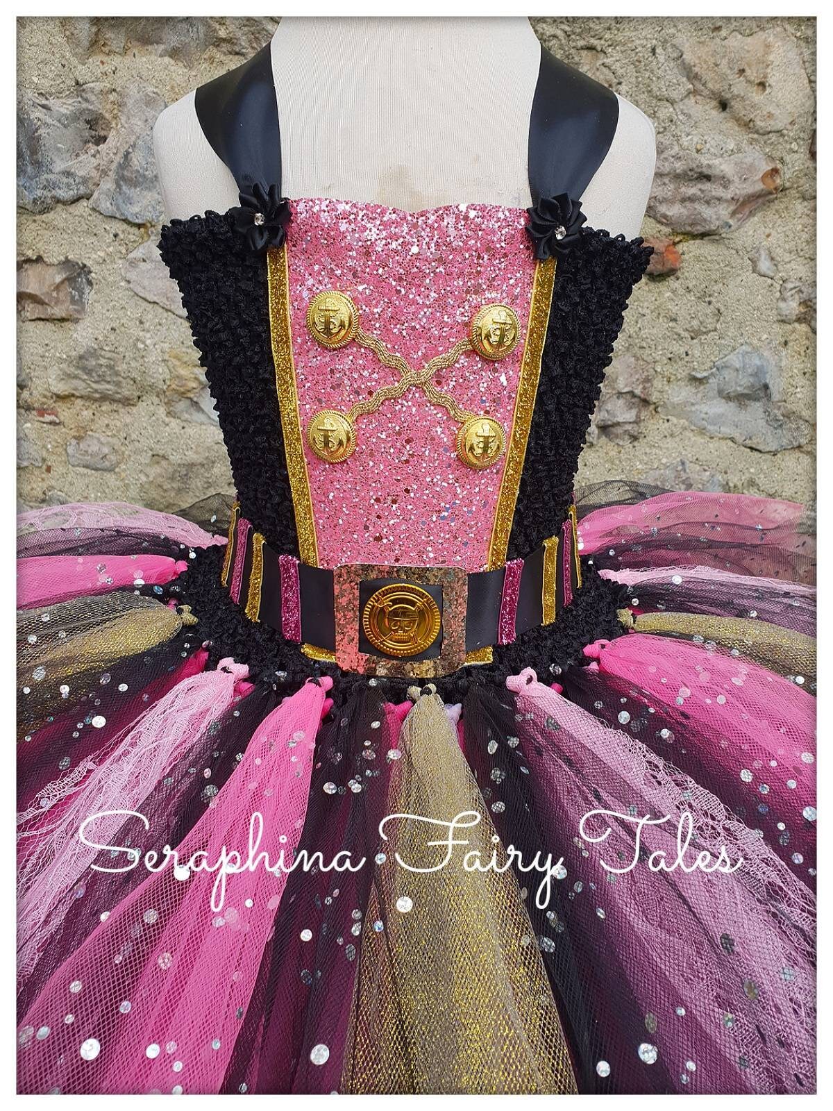 Girls Pirate Tutu Dress up Costume.lined Black, Pink & Gold