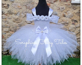 Girls White Dress - Flower & Bow Fairy Tutu Dress Up Costume.Lined Sparkly Glitter Birthday Party, Bridesmaid, Gala Gown. Optional Net Wings