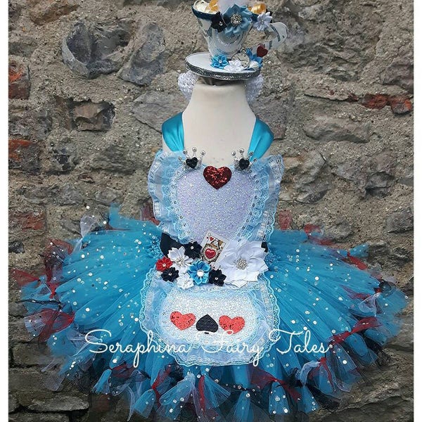 Girls Alice Dress Up Deluxe Costume.Lined Blue Petti-tied With Glitter Apron. Birthday Party Gala Gown. Optional Wonderland Tea Cup Headband